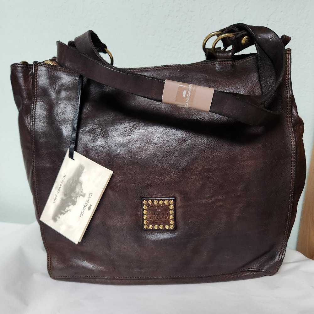 Campomaggi Studded Larimar Shopper Zip Top Double Handles NWT Brown - Picture 3 of 8